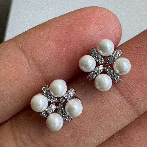 Jewelry - 925 Sterling Silver Pearl & CZ Cluster Stud Earrings
